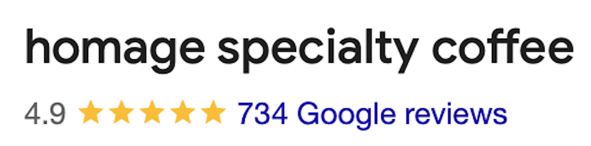 Homage Specialty Coffee Google review summary showing 4.9 rating